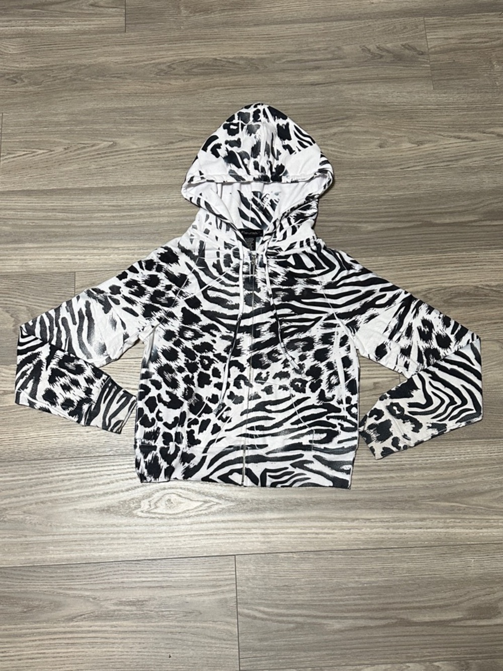 Fleurish - M - Distressed Cropped Black & White Animal Print ZipUp Sweatshirt